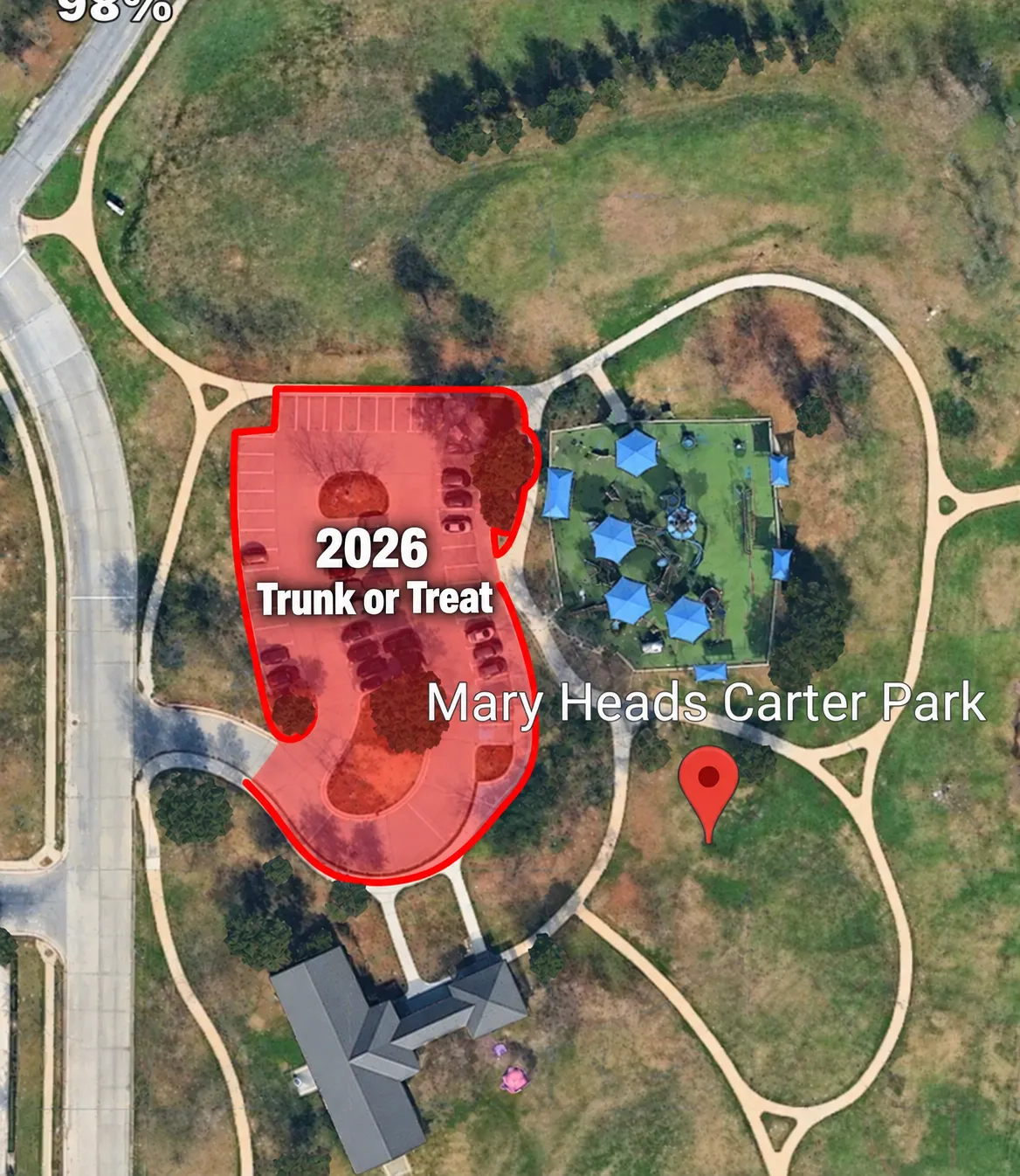 Aerial map of Mary Heads Carter Park with the Trunk or Treat car park outlined in red, beside the playground